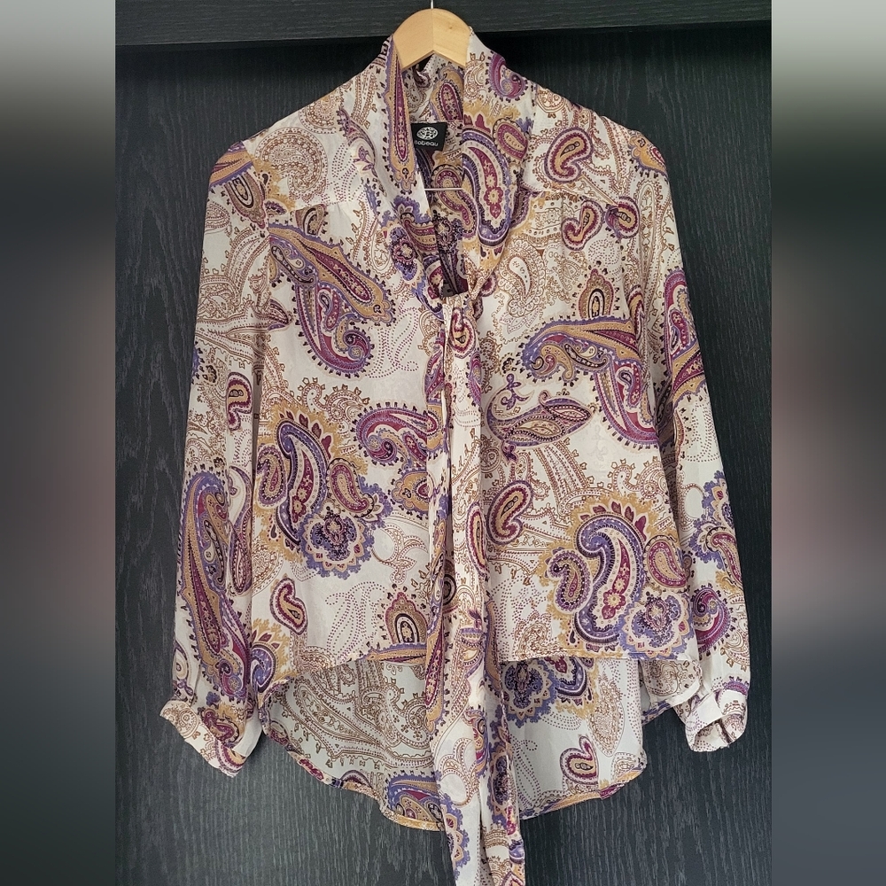 Paisley Print Blouse with Tie Neck Button Down